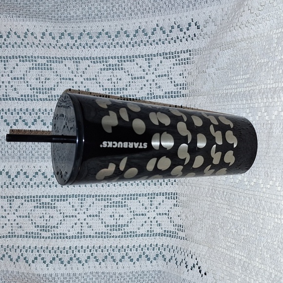 Starbucks Black Silver Polka Dot Print Stainless Steel Cold Cup 24 oz Tumbler - Picture 1 of 6